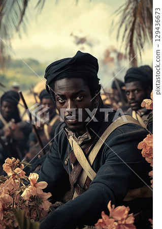 Depiction of soldiers preparing during the Haitian Revolution in a tropical setting 129436673