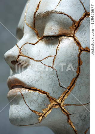 Human head close up showcasing kintsugi art with intricate gold detailing and cracks 129436677