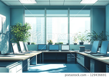 Spacious empty office with multiple desks and laptops ready for work. 129436691