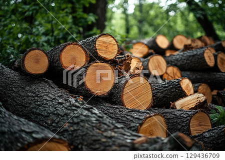 Chopped firewood stacked neatly from harvested fruit trees in a forested area 129436709