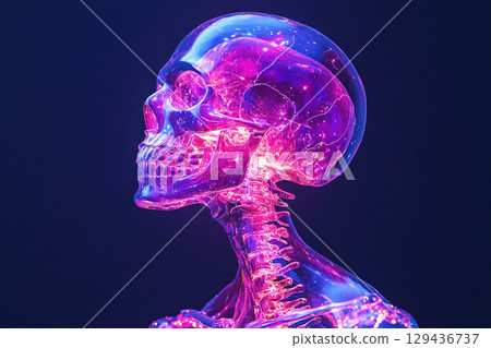 Illuminated skeleton through a human body showcasing vibrant neon colors and joint details 129436737