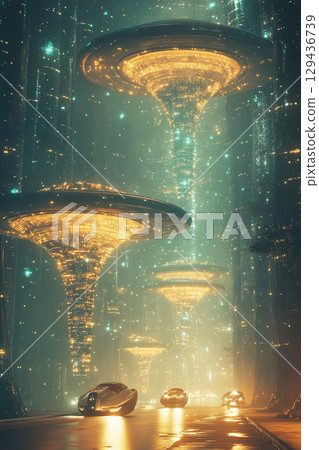 Quantum digital city of the future showcases advanced spacecraft and energy structures 129436739