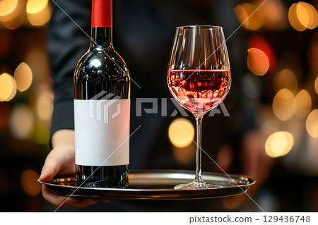 Waiter presenting a glass and open bottle of wine at a fine restaurant during dinner service 129436748