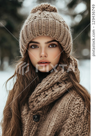 Winter knitted hat with a balabon worn by a young woman in a snowy outdoor setting 129436749
