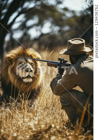 Hunter aims rifle at lion on safari during golden hour in African wilderness 129436762