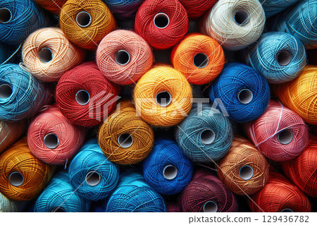 Threads sewing cotton knitting tailors colored background in a row for needlework woolen. 129436782