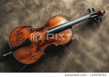 Musical string instrument violin, antique vintage instrument in case. Luxury expensive antiques display. 129436783