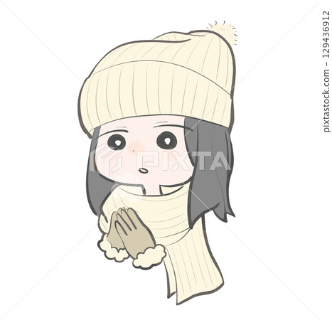 圖：一位婦女穿著暖和的衣服，為寒冷的冬天做準備 | 圍巾，手套，帽子，冬裝，寒冷 129436912