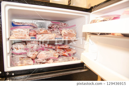Freezer Full of Frozen Meat Packages 129436915