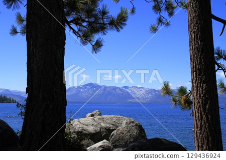 Lake Tahoe California Tree's and Rocks on the shore Lake Tahoe California Tree's and Rocks on the shore 129436924