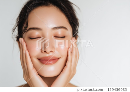 一位 30 多歲、化著自然妝容的女性（亞洲、複製空間、廣告、白色背景） 129436983