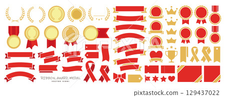 Set of award and recognition decoration icons including crowns, medals, ribbon decorations, wreaths, and medals. Vector illustration Set of award and recognition decoration icons including crowns, medals, ribbon decorations, wreaths, and medals. Vector illustration 129437022