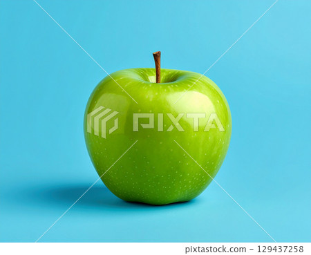 A single bright green apple. AI-generated image. 129437258