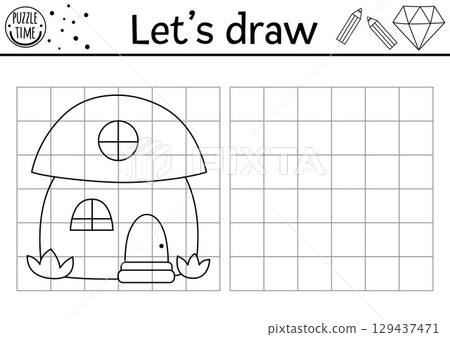 Draw the dwarf house shaped as mushroom. Vector drawing practice worksheet with fantasy home. Magic forest printable black and white activity for kids. Copy or complete picture coloring page Draw the dwarf house shaped as mushroom. Vector drawing practice worksheet with fantasy home. Magic forest printable black and white activity for kids. Copy or complete picture coloring page 129437471