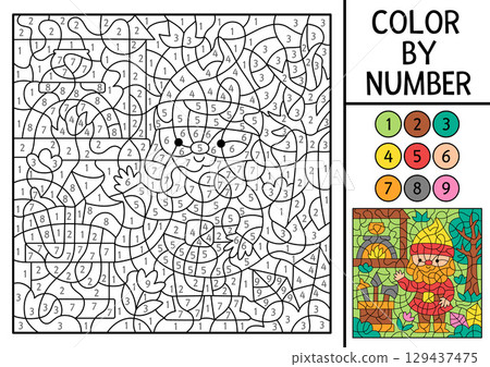 Vector color by number activity with dwarf smith, forge. Fairytale landscape scene with gnome worker and smithy. Magic forest black and white counting game. Coloring page for kids 129437475