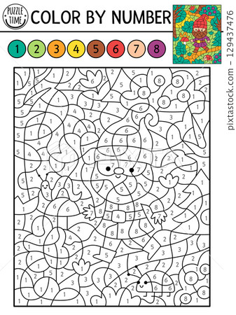 Vector color by number activity with dwarf going through forest. Fairytale landscape scene with gnome walking among trees, insect. Magic woods black and white counting game. Coloring page for kids Vector color by number activity with dwarf going through forest. Fairytale landscape scene with gnome walking among trees, insect. Magic woods black and white counting game. Coloring page for kids 129437476