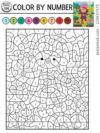 Vector color by number activity with dwarf girl with flower and garden landscape. Fairytale scene with gnome. Magic forest black and white counting game. Fantasy coloring page for kids Vector color by number activity with dwarf girl with flower and garden landscape. Fairytale scene with gnome. Magic forest black and white counting game. Fantasy coloring page for kids 129437478