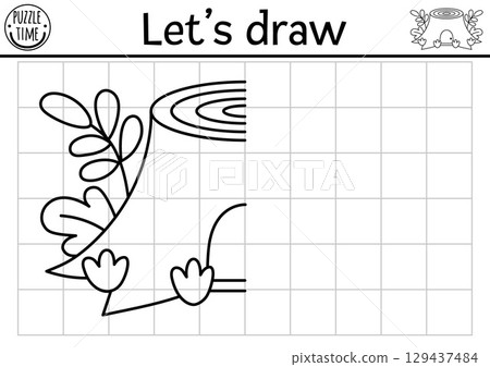 Complete the dwarf house shaped as tree stump. Vector woodland or fantasy forest symmetrical worksheet. Printable black and white activity for kids. Copy picture fairytale coloring page 129437484