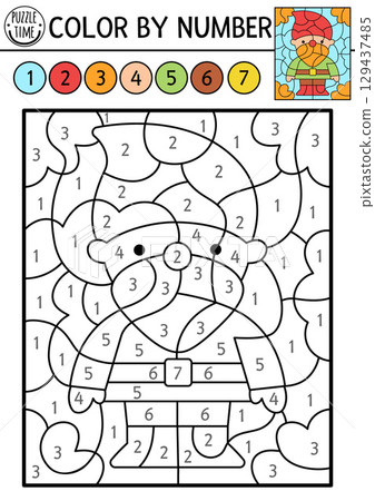 Vector color by number activity with dwarf. Simple fairytale scene with gnome. Magic forest black and white counting game. Fantasy woodland coloring page for kids with leprechaun 129437485