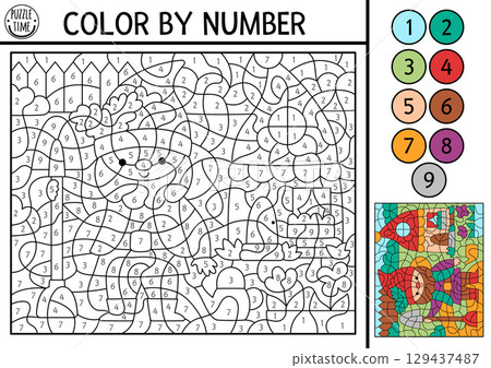 Vector color by number activity with dwarf and garden landscape. Fairytale scene with gnome. Magic forest black and white counting game. Fantasy woodland coloring page for kids with leprechaun 129437487