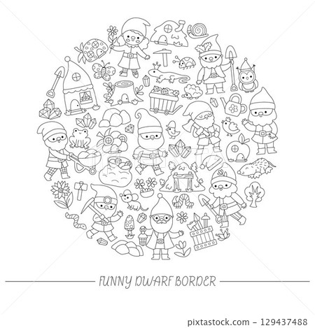 Vector black and white round frame with dwarf, forest animals, houses, fairytale creature. Magic garden or woodland coloring page. Cute line fantasy illustration with gnomes Vector black and white round frame with dwarf, forest animals, houses, fairytale creature. Magic garden or woodland coloring page. Cute line fantasy illustration with gnomes 129437488