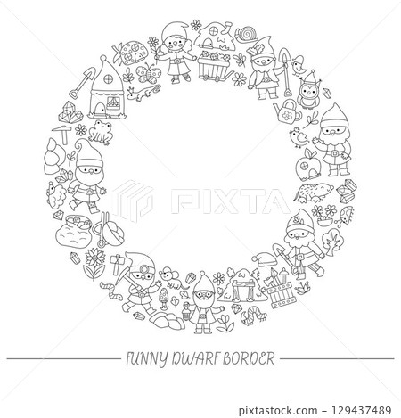 Vector coloring page round frame with dwarf, forest animals, house, fairytale creature. Magic garden, woodland coloring page. Cute line fantasy wreath border illustration with gnomes Vector coloring page round frame with dwarf, forest animals, house, fairytale creature. Magic garden, woodland coloring page. Cute line fantasy wreath border illustration with gnomes 129437489