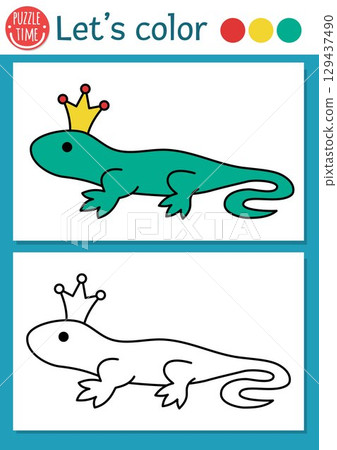 Pre-made coloring page for children with lizard with crown. Vector fairytale outline illustration with forest animal. Fantasy color book for kids with colored example and magic creature Pre-made coloring page for children with lizard with crown. Vector fairytale outline illustration with forest animal. Fantasy color book for kids with colored example and magic creature 129437490