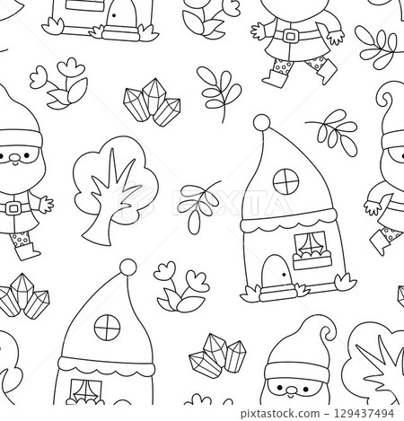 Vector black and white dwarf seamless pattern. Cute gnome repeat background. Fairytale character digital paper. Magic creature texture or coloring page with garden, mining concept, treasure Vector black and white dwarf seamless pattern. Cute gnome repeat background. Fairytale character digital paper. Magic creature texture or coloring page with garden, mining concept, treasure 129437494