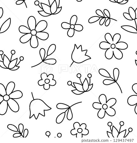 Vector black and white seamless pattern with flowers. Cute garden repeat background or coloring page. Gnome, dwarf or fairy floral digital paper. Magic plant abstract texture with blooms, leaves Vector black and white seamless pattern with flowers. Cute garden repeat background or coloring page. Gnome, dwarf or fairy floral digital paper. Magic plant abstract texture with blooms, leaves 129437497
