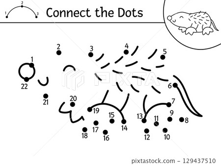 Vector dot-to-dot and color activity with mole. Forest connect the dots game with cute woodland insect for children. Coloring page or printable worksheet for kids Vector dot-to-dot and color activity with mole. Forest connect the dots game with cute woodland insect for children. Coloring page or printable worksheet for kids 129437510
