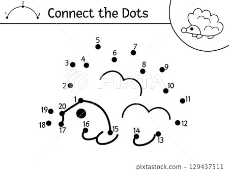 Vector dot-to-dot and color activity with hedgehog. Forest connect the dots game with cute woodland insect for children. Coloring page or printable worksheet for kids Vector dot-to-dot and color activity with hedgehog. Forest connect the dots game with cute woodland insect for children. Coloring page or printable worksheet for kids 129437511