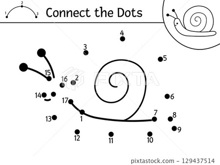 Vector dot-to-dot and color activity with snail. Forest connect the dots game with cute insect. Coloring page for kids with mollusk. Printable worksheet with woodland animal 129437514