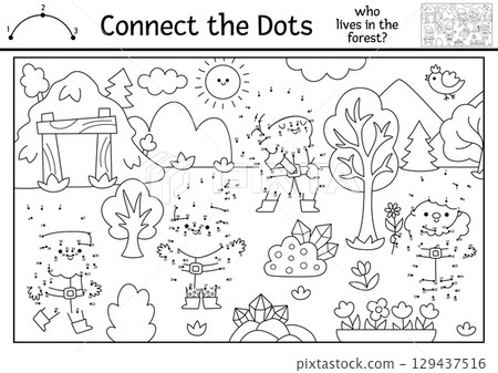 Vector dot-to-dot and color activity with forest scene with gnomes, mine, gems. Connect the dots game with woodland landscape, dwarfs. Printable coloring page for kids. Who lives in woods? Vector dot-to-dot and color activity with forest scene with gnomes, mine, gems. Connect the dots game with woodland landscape, dwarfs. Printable coloring page for kids. Who lives in woods? 129437516