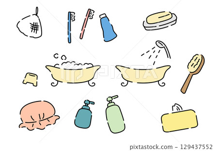 一套可愛、手繪、簡單的沐浴用品 129437552