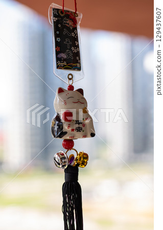 A fluffy white cat playfully hanging from a string with writing 129437607