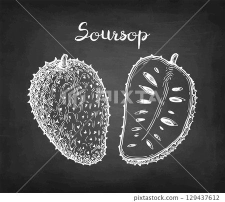 Whole and halved soursop chalk sketch. 129437612