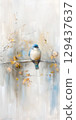 Watercolour illustration, a small blue bird with white breast sits on an autumn branch. Blurred, light background, copy space 129437637