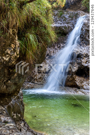 Waterfall of Cadini del Brenton, Dolomites, Italy Waterfall of Cadini del Brenton, Dolomites, Italy 129437646