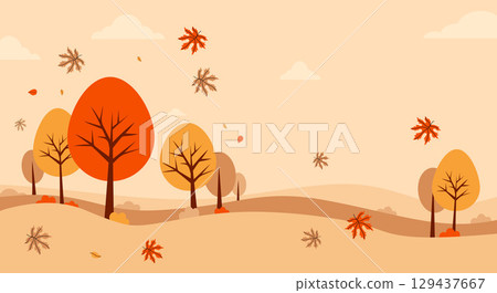 Autumn golden landscape park with park trees and falling maple leaves poster. Minimal fall horizontal background. Vector illustration. Perfect for seasonal banners. Not AI 129437667