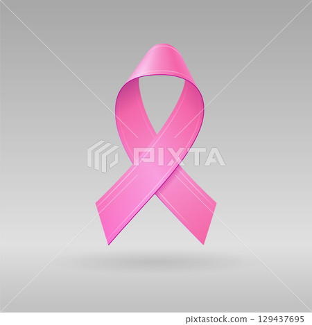 Realistic Pink Ribbon on isolated light gray background. Breast cancer awareness symbol in october. Template for banner, poster, invitation, flyer. Vector illustration. 129437695