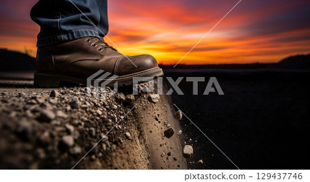 A worker's boot nudges a pile of gravel, causing stones to tumble down as the sun sets in a vibrant sky behind them. The focus highlights the activity in a construction area. 129437746