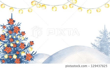A festive frame with a Christmas tree, garlands and snowdrifts, hand-drawn. Watercolor illustration. A template with a place to insert for making postcards, greetings, and invitations. New Year's ban A festive frame with a Christmas tree, garlands and snowdrifts, hand-drawn. Watercolor illustration. A template with a place to insert for making postcards, greetings, and invitations. New Year's ban 129437825