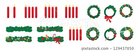 Set Christmas wreath and candles for greeting cards Merry Christmas and happy new year. Vector stock illustration isolated on white background for design poster, holiday cover, advertising, sales 129437850