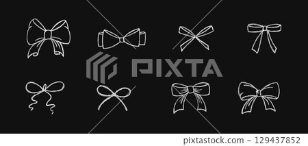 Chalk coquette bow with ribbon set. Hand drawn vector illustration isolated on black chalkboard background for design template present, wedding, Birthday, Christmas decoration or discount, sale. EPS10 129437852