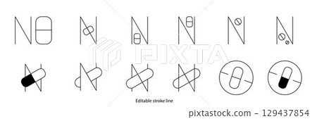 No pills symbol or icon. Vector stock illustration isolated on white background for design template medical, pharmacy, hospital, healthy bio shop concept web and print material. Editable stroke line. No pills symbol or icon. Vector stock illustration isolated on white background for design template medical, pharmacy, hospital, healthy bio shop concept web and print material. Editable stroke line. 129437854