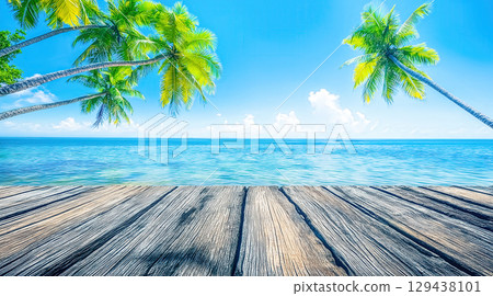 Tropical beach with palm trees and wooden pier 129438101