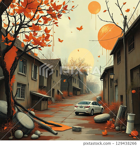 Soft brush textures and forest silhouettes for elegant autumn-themed decor. 129438266