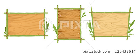 Bamboo wooden frames. Jungle bamboo borders with leaves, wooden stems exotic signs flat vector illustration set. Asian bamboo frames collection 129438614