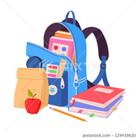 Cartoon school supplies. School education elements, childish school backpack with books and breakfast flat vector illustration. Elementary school students backpack Cartoon school supplies. School education elements, childish school backpack with books and breakfast flat vector illustration. Elementary school students backpack 129438620