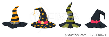 Cartoon wizard hats. Halloween spooky witch decorated hats, Halloween party costume elements flat vector illustrations set. Witchcraft hats on white Cartoon wizard hats. Halloween spooky witch decorated hats, Halloween party costume elements flat vector illustrations set. Witchcraft hats on white 129438621